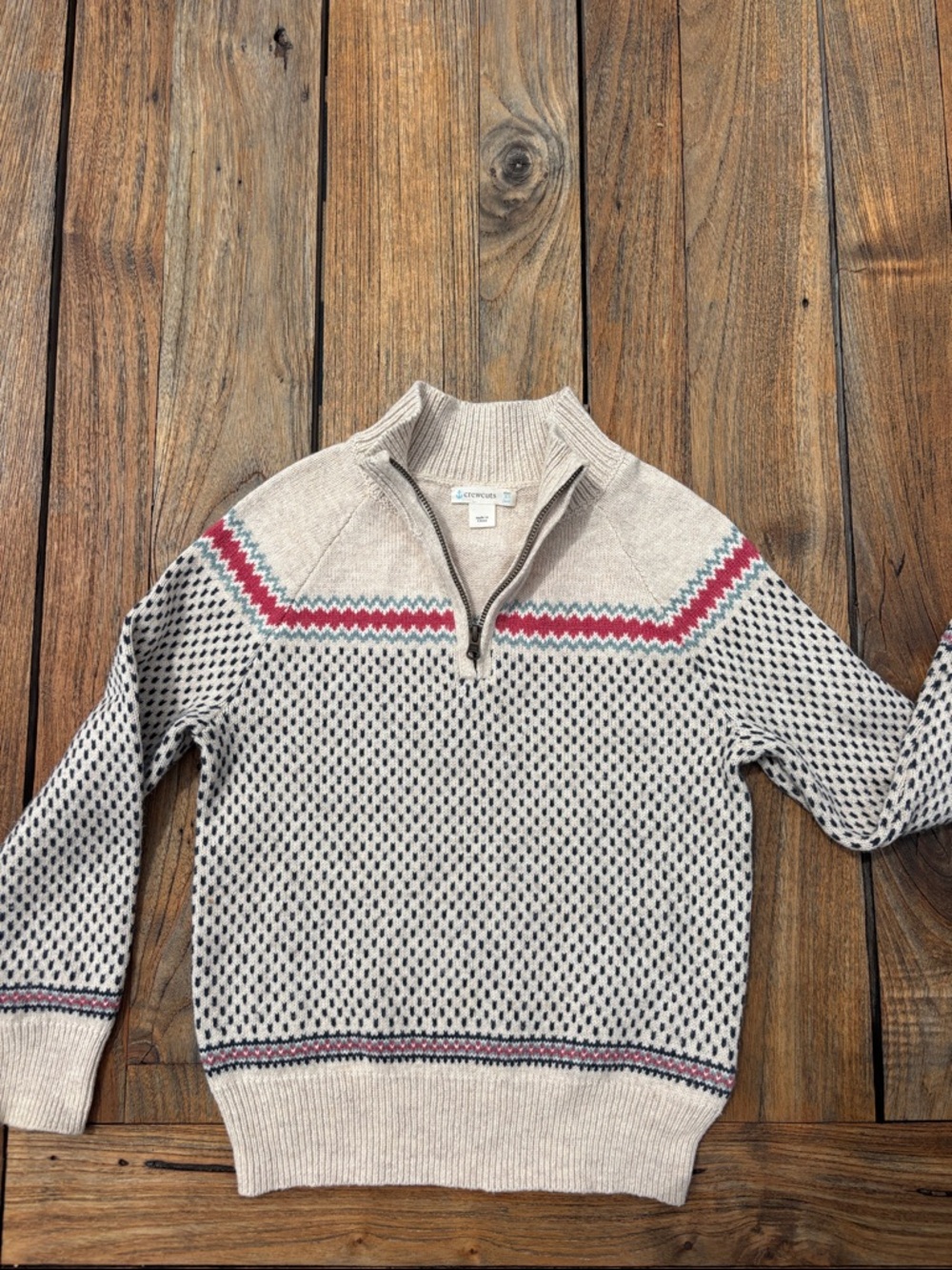 Crewcuts Cream Half-Zip Sweater with Pink & Teal Fair Isle